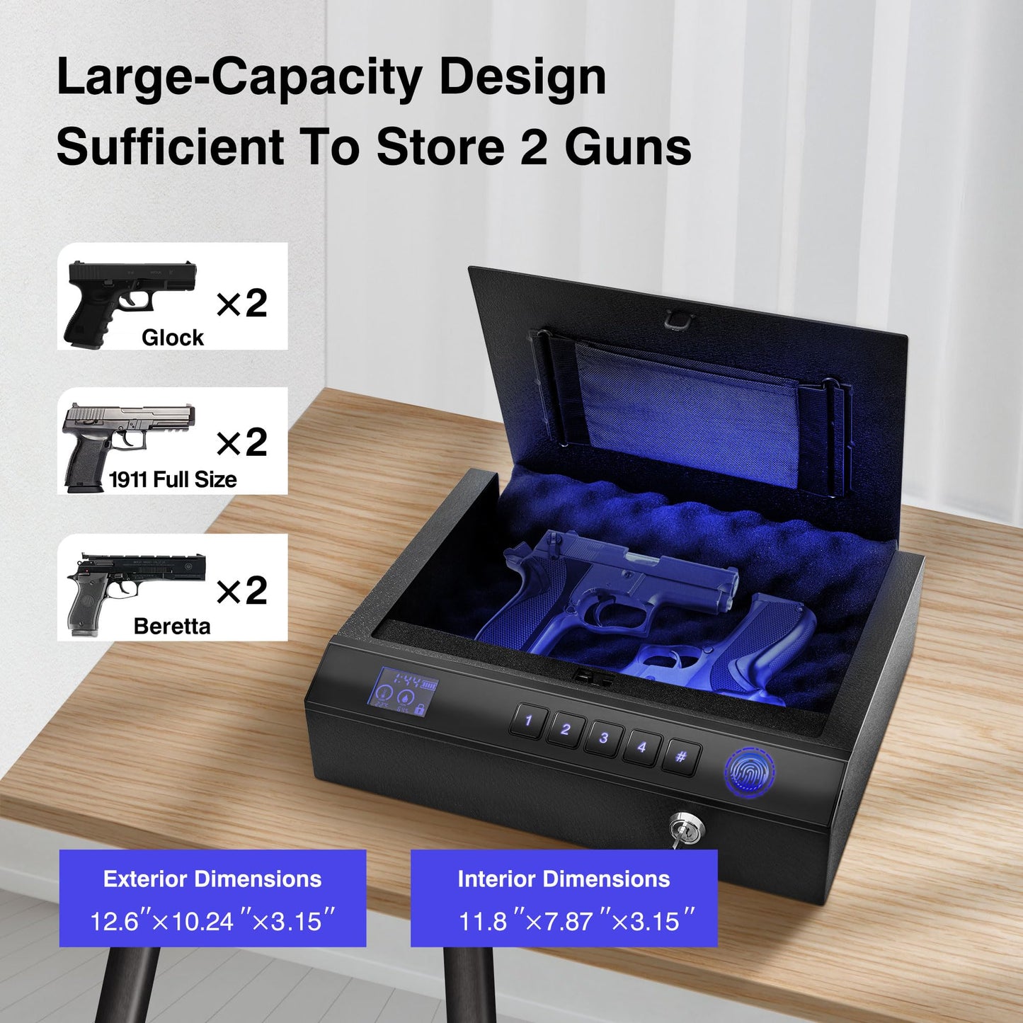 Sgorlds Biometric Gun Safe for Handgun with LCD Display of Temperature Humidity, Fingerprint Quick Access Pistol Safe with USB C Port, 12.6"x 10.24"x 3.15", Black