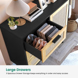 Iwell Storage Cabinet with Rattan Door & 3 Drawers, Rattan Cabinet with Adjustable Shelf, Rattan Dresser, Accent Cabinet for Living Room, Entryway, Kitchen, Black Iwell