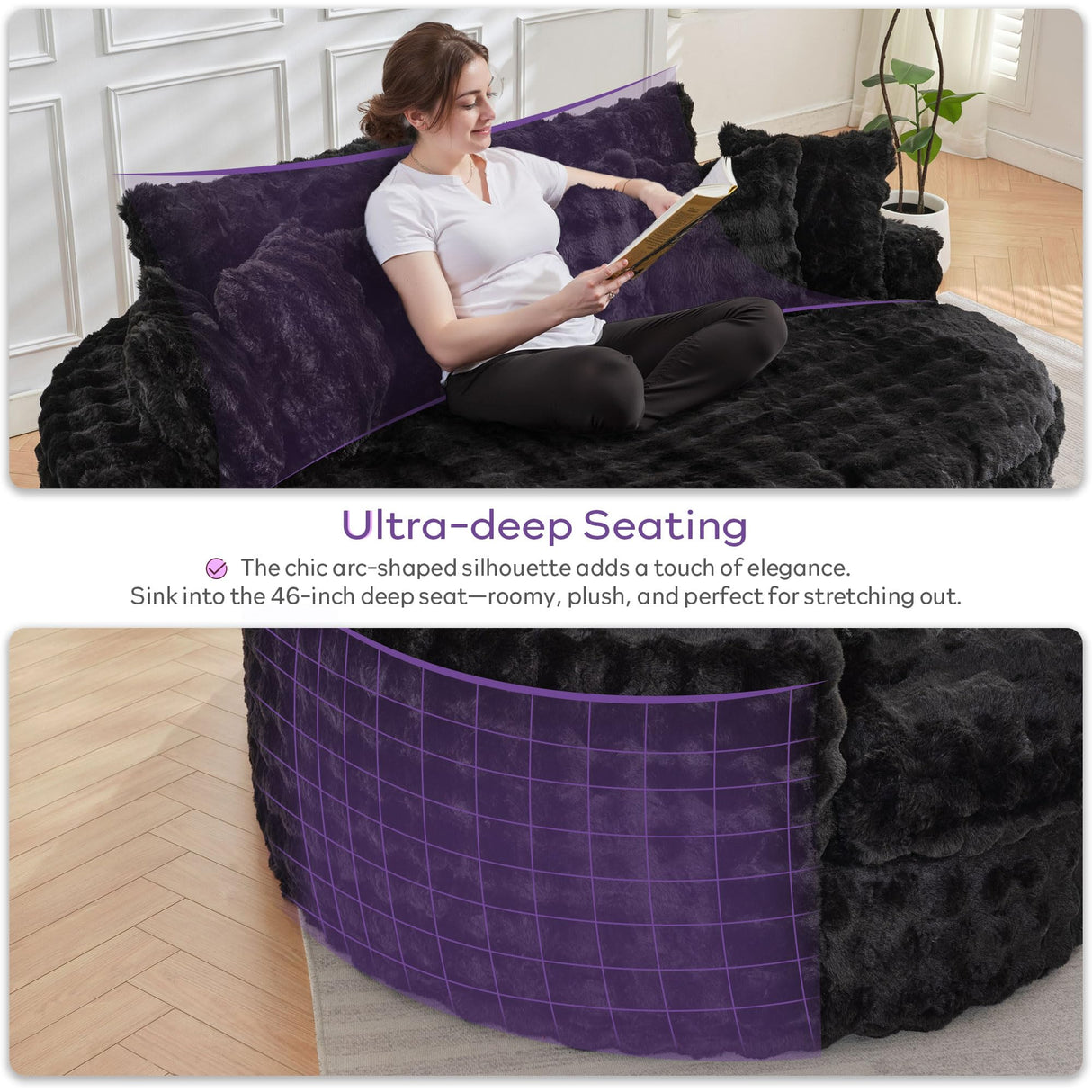 TYBOATLE 83’’ Oversized Round Chaise Lounge Chair Indoor w/Deep Seat, Round Memory Foam Couch, Comfy Fluffy Plush Chaise Lounge Indoor w/Double Cushion, Circle Bed for Livingroom (Black) TYBOATLE