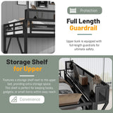 MoproBeti Full Size Loft Bed with Stairs, Metal Loft Beds Full with Storage Shelves, Adults Loft Bed with Wardrobe, Heavy Duty High Lofted Bed for Teens,Black +Black Stair MoproBeti