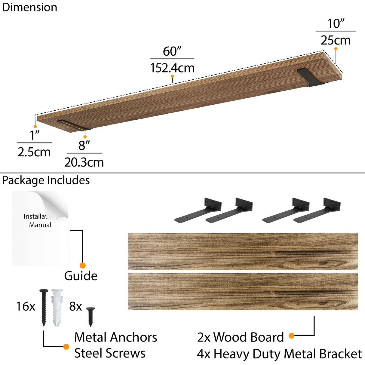 Wallniture Palm 60 inch Long x 10 in Deep Rustic Floating Shelves for Wall Storage, Wall Book Shelf for Living Room, Shelves Laundry Room, Home Office, Set of 2, Burnt Finish, Real Wood Wallniture