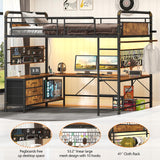 Full Size Loft Bed with U-Shaped Desk, Industrial Heavy Duty Full Loft Bed Frame with Pegboard & Mesh Shelf, RGB Lights, Bunk Loft Beds with Power Outlet, 3 Storage Drawers, Safety Guard & Ladder CSZZD