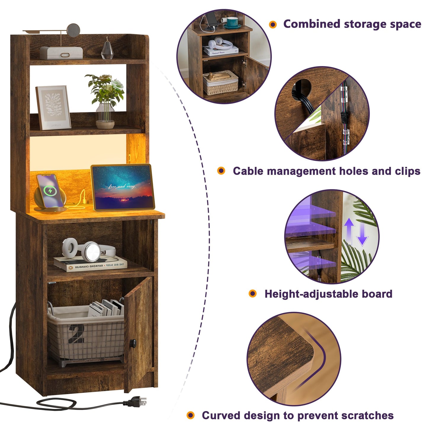 Clikuutory 47" Tall Rustic Nightstand with Charging Station, LED Lights, and Adjustable Shelves - WoodArtSupply