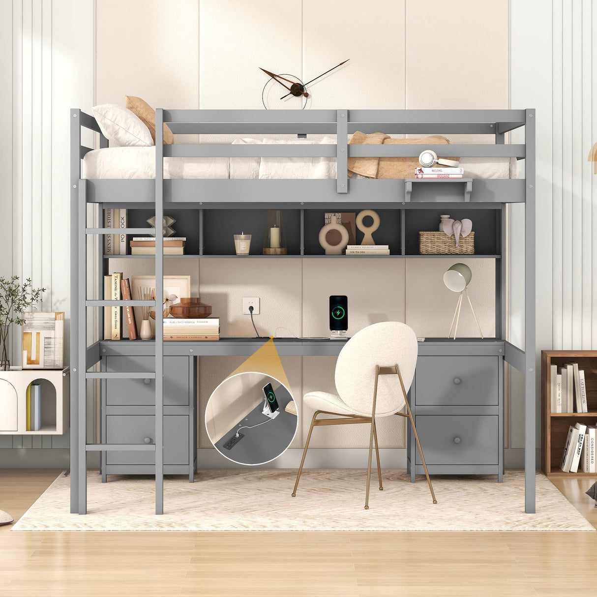 Full Loft Bed with Desk, 4 Drawers and 4 Shelves, Wood Full Size Loft Beds Frame with Storage and Charging Station, Kids Loft Beds with 2 Outlets & 2 USB Port, No Box Spring Needed (Gray) Harper & Bright Designs