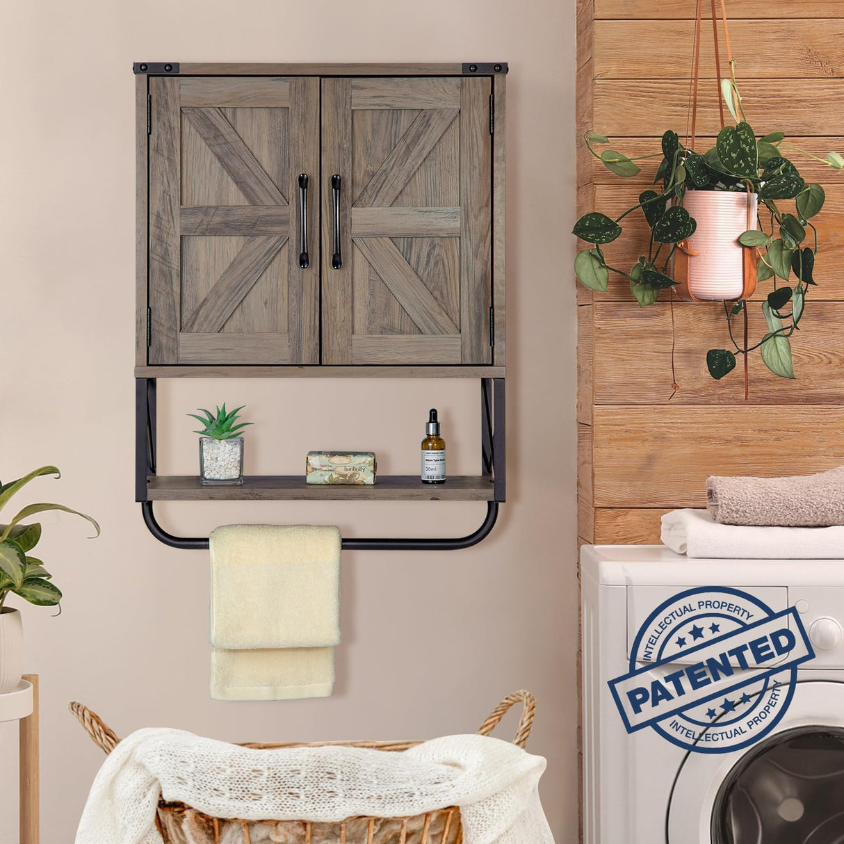 RUSTOWN Farmhouse Medicine Cabinet with 2 Barn Door, Wood Wall Mounted Storage Cabinet with Adjustable Shelf and Towel Bar, 3-Tier Bathroom Cabinet for Bathroom, Living Room(Washed Oak, Medium) RUSTOWN