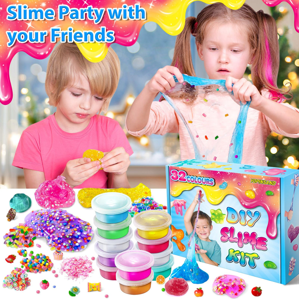 32 Cups DIY Slime Kit, Slime Making Kit for Girls, Crystal Clear Slime, Glow in The Dark Slime with Add-ins, Foam Balls, Charms, Slime Party Favors Gift Toys for Kids 3-12 YOPINSAND
