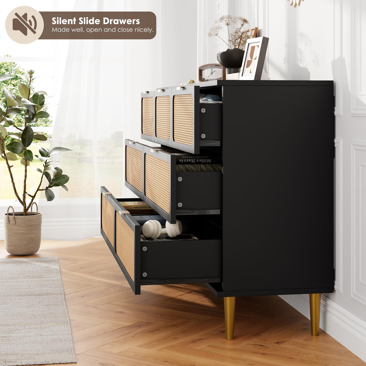 GarveeHome Rattan 7 Drawer Dressers for Bedroom, Tall Dresser with Deep Drawers, Large Chest of Drawers for Closet with Wide Top, Long Wooden Dresser for Living Room, Hallway, Kids Room, Black GarveeHome