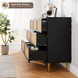 GarveeHome Rattan 7 Drawer Dressers for Bedroom, Tall Dresser with Deep Drawers, Large Chest of Drawers for Closet with Wide Top, Long Wooden Dresser for Living Room, Hallway, Kids Room, Black GarveeHome