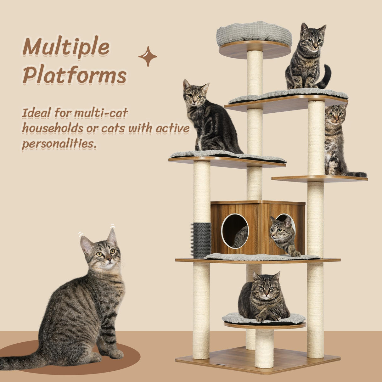 KAMABOKO Tall Cat Tree, 69” Large Cat Tower Multi-Level Platforms with Sisal Scratching Posts, Cat Tree for Large Cats 20 lbs Heavy Duty, Cat Condo Furniture for Active Cats KAMABOKO
