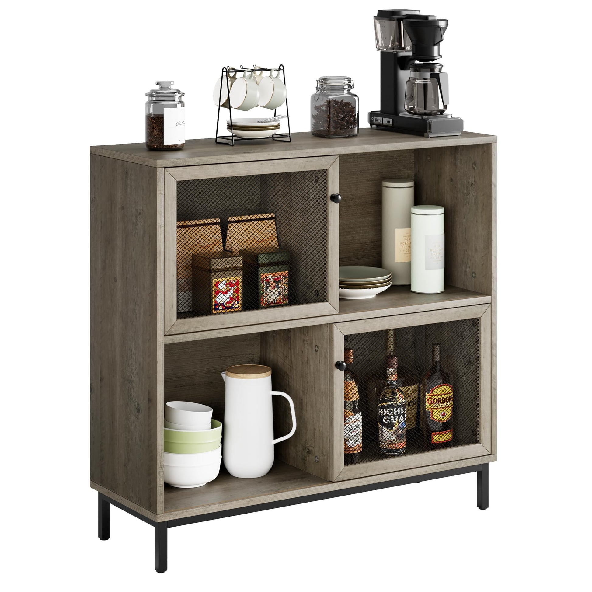 Farmhouse Grey Coffee Bar Cabinet with Sliding Doors & Ample Storage - WoodArtSupply