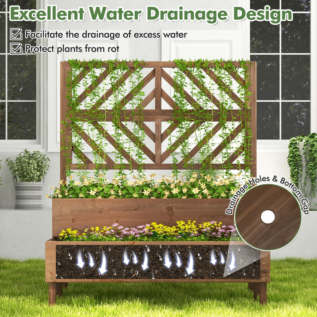 Toolsempire Raised Garden Bed with Trellis & 2 Planter Boxes, 2-Tier Outdoor Wooden Elevated Planter Box with Legs & Drainage Holes, Gardening Planter for Flowers, Herbs, Vegetables & Fruits(Brown) Toolsempire