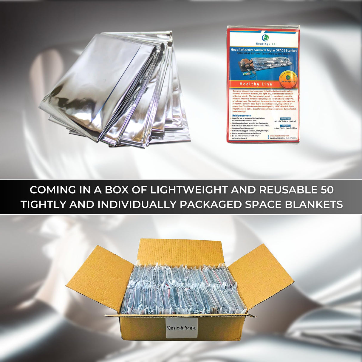 HealthyLine Thermal Foil Emergency Blankets (50 Pack) – Mylar Space Blanket for Heat Retention, Waterproof & Windproof, Lightweight Survival Gear for Outdoors, Camping, First Aid, and Sauna Use HealthyLine