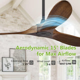 Haipeel 60" Wood Ceiling Fan no Light, 60 Inch Ceiling Fans without Lights with Remote Control, Indoor Outdoor Ceiling Fan no Light for Bedroom Porch Modern Propeller 3 Blade ETL DC Motor, Dark Walnut Haipeel