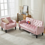 TYBOATLE Mid-Century Modern Sectional Sofa Sets 2 Pieces, Tufted Linen Fabric USB Loveseat Couch w/ 2 Cupholders and Accent Arm Chairs for Living Room, Bedroom, Apartment (Pink) TYBOATLE