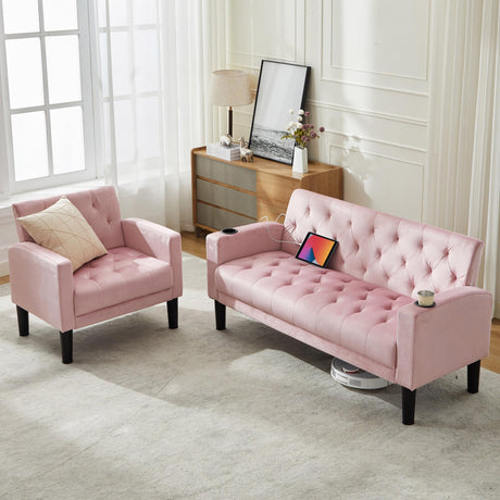 TYBOATLE Mid-Century Modern Sectional Sofa Sets 2 Pieces, Tufted Linen Fabric USB Loveseat Couch w/ 2 Cupholders and Accent Arm Chairs for Living Room, Bedroom, Apartment (Pink) TYBOATLE