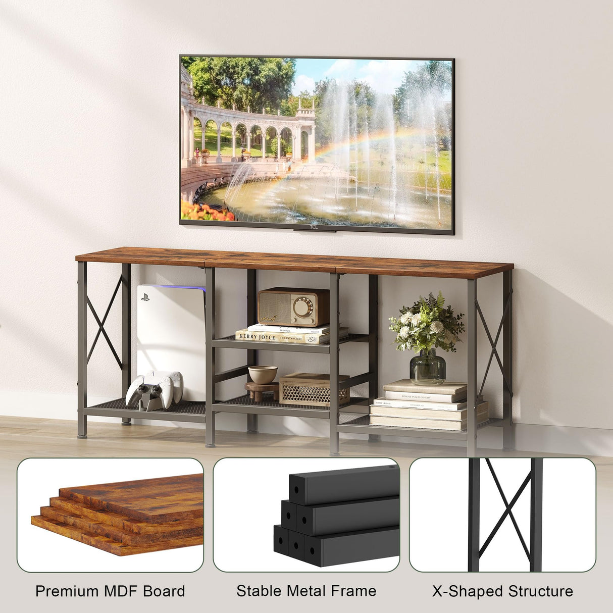 JARHETUN TV Stand for 55 Inch TV, Entertainment Center with 3-Tier Open Shelves, TV Console Table for Living Room, Bedroom, Rustic Brown JARHETUN