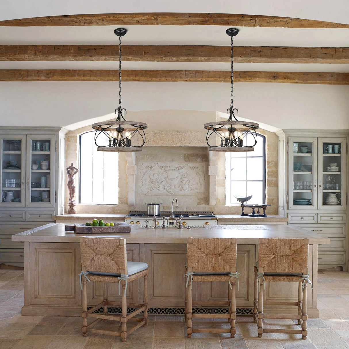 Dawn Whisper Farmhouse Chandelier, 20" Rustic Drum Chandelier Light Fixture Over Table, 5 Light Wood Chandeliers for dining room Dawn Whisper