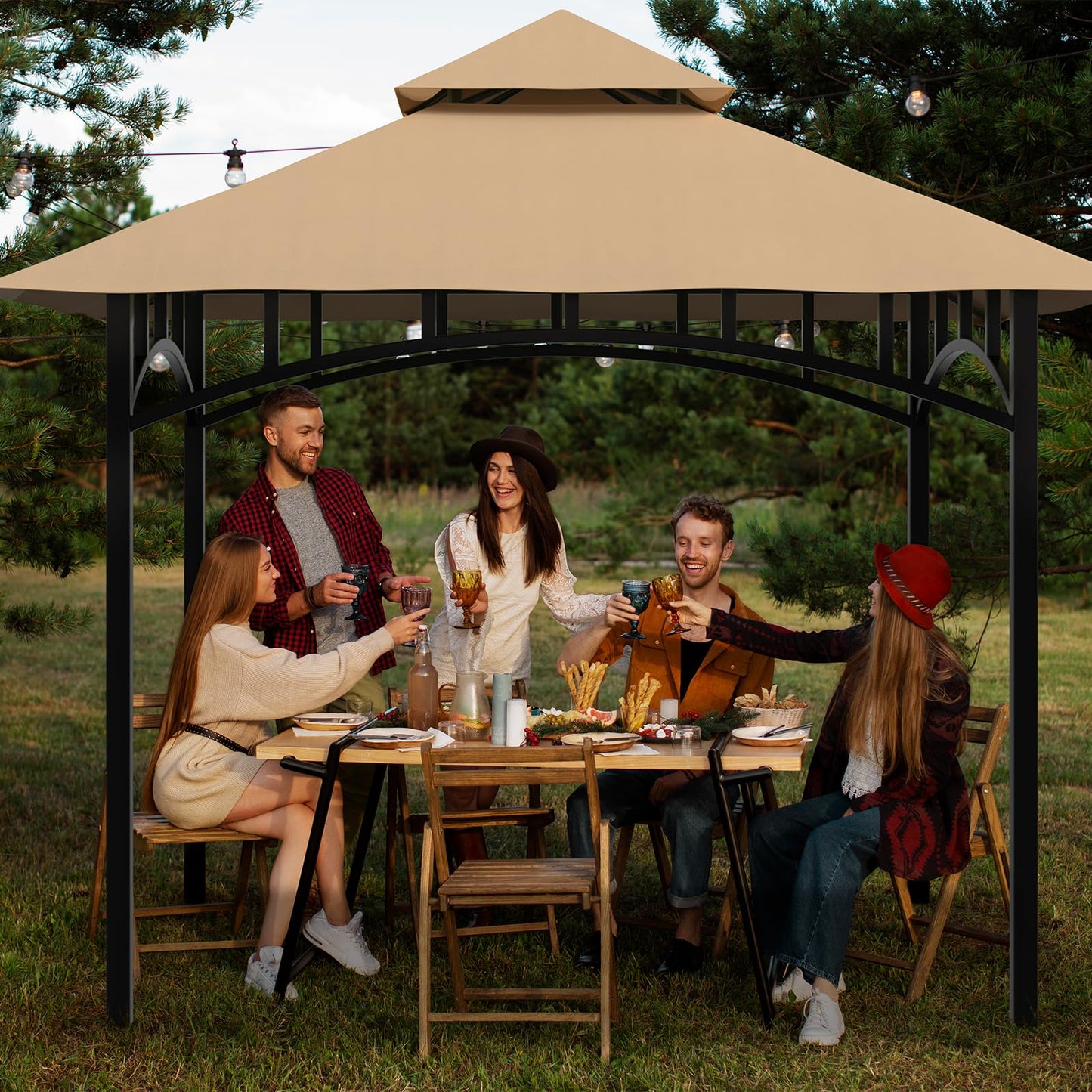 Grill Gazebo Canopy Replacement Cover, 5'x8' Double Tiered BBQ Roof Top, BBQ Gazebo Cover Grill Shelter for Garden Patio Yard Outdoor (Khaki) - WoodArtSupply