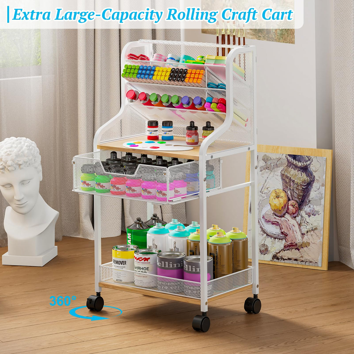 Rolling Craft Cart with Drawer, White Small Utility Cart, Metal Storage Cart with Lockable Wheels, 6 Tiers Paint Organizer for Art Supplies, Store for Brushes Paints Artifacts Small Parts JKsmart