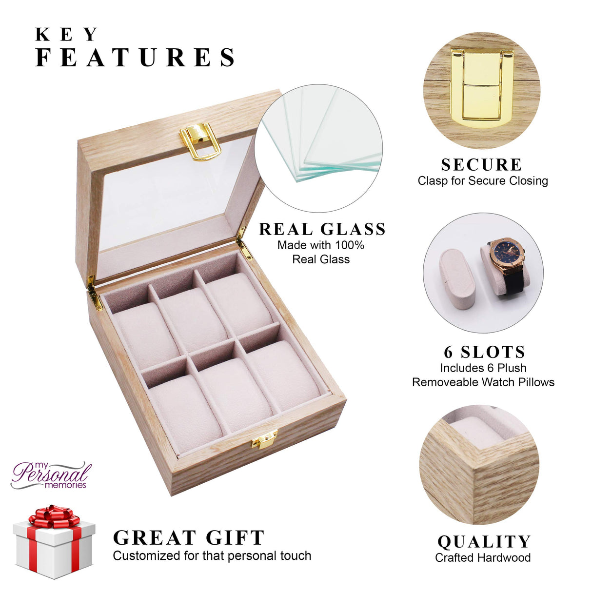 Custom Personalized 6 Slot Watch Storage Box and Glass Display Case - Customized with Your Engraved Style Choice (Distressed Wood) My Personal Memories