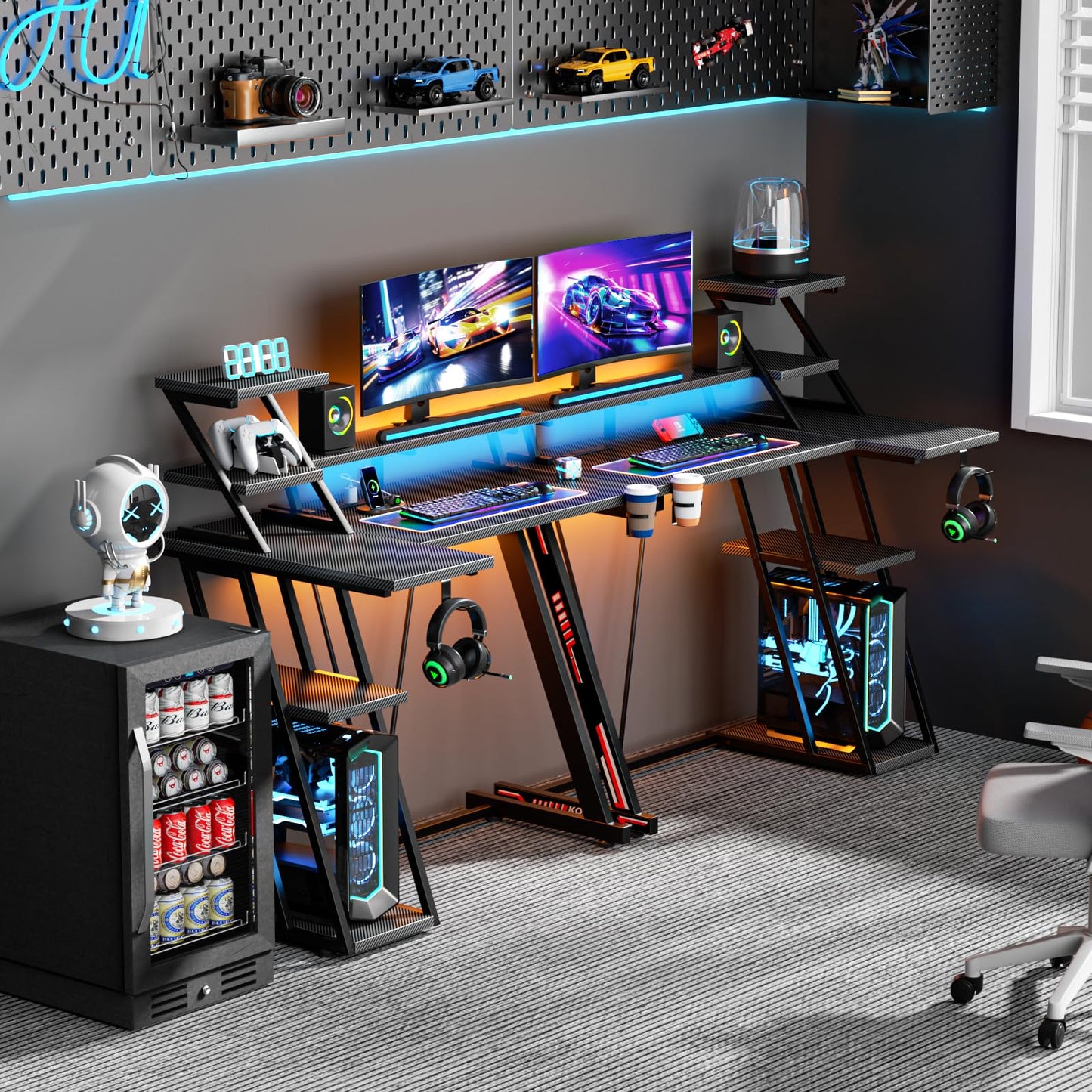 Korfile L Shaped Gaming Desk with LED Lights & Power Outlet, 39 Inch Computer Desk with Extra Storage Shelves, Reversible Gamer Workstations with Monitor Stand for Bedroom, Carbon Fiber Black - WoodArtSupply