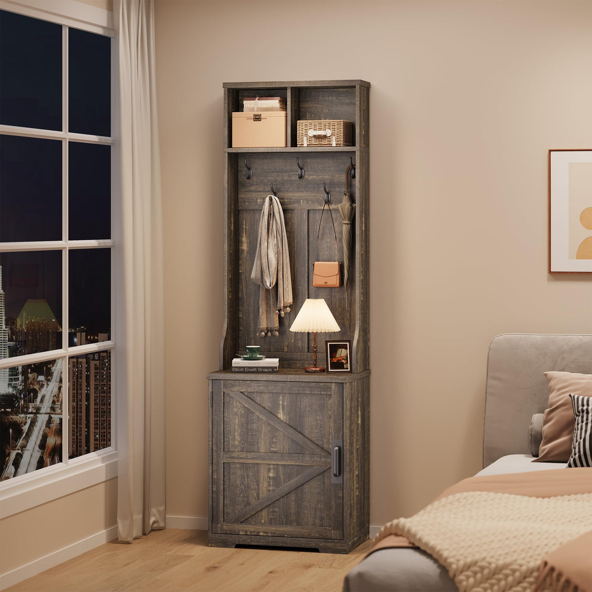 IDEALHOUSE Farmhouse Narrow Hall Tree with Bench, 23.6" Small Entryway Organizer with 5 Hooks, 2 Cubbies & Barn Door Shoe Storage Cabinet for Apartment, Mudroom, Hallway, Grey IDEALHOUSE