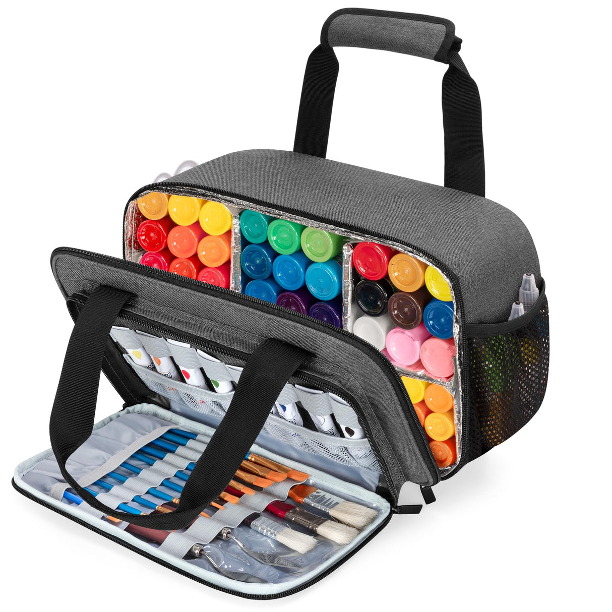 Acrylic Paint Organizer Bag for up to 54 Bottles (2 oz), Art Supply Storage Case with Handle Strap, Extra Pocket for Paint Brushes, etc, Aluminum Foil Liner for Easy Cleaning, Patented Design (Grey) GRAOSO