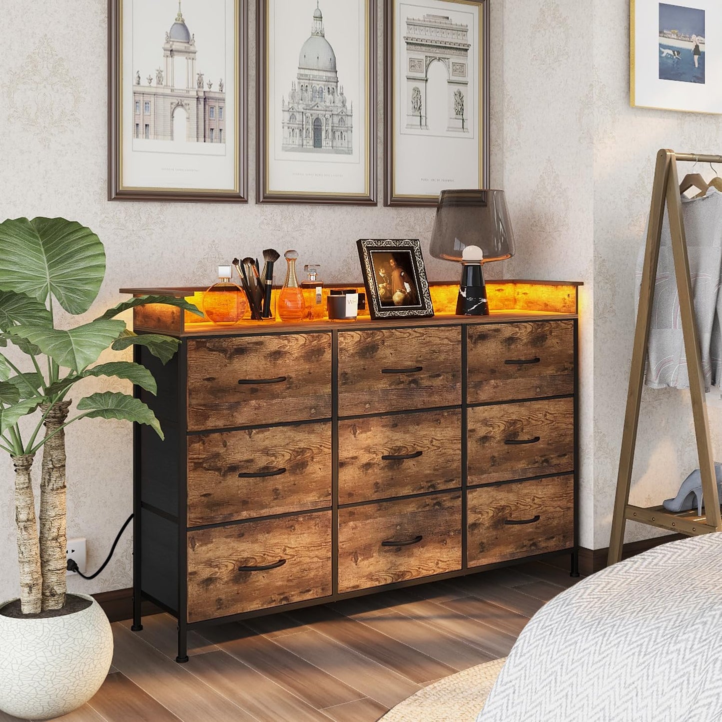 EXOTICA Industrial Dresser for Bedroom with Charging Station and LED Light Fabric Storage Dresser with 9 Fabric Drawers Chest of Drawers for Closet Hallway Sturdy Steel Frame Wooden Top