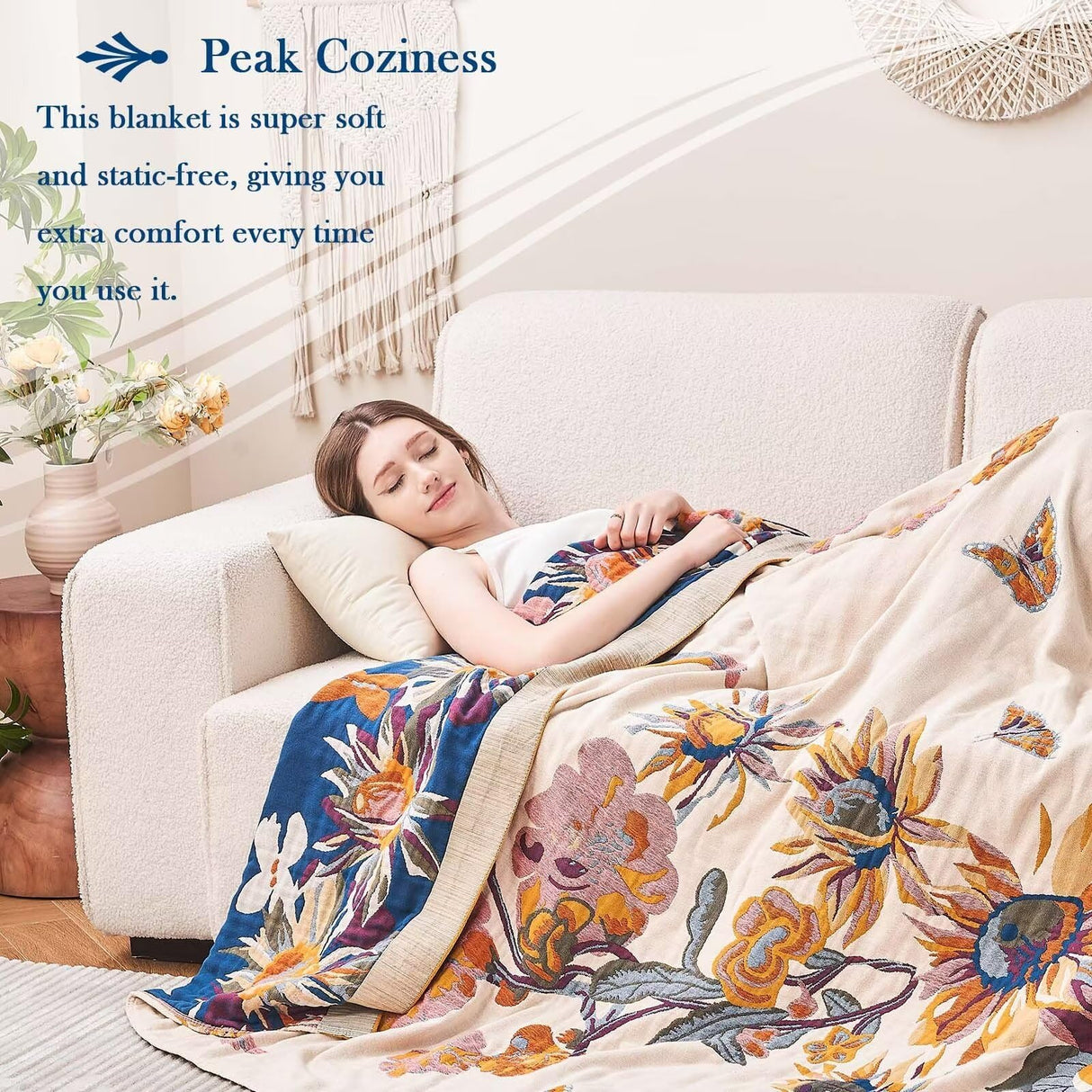 XIBLC Boho Throw Blanket, 100% Cotton Ultra Soft Luxury Throw Rustic Quilt, 60"x80" Floral Bird Butterfly Farmhouse Decor Bed Blankets, All Season Rustic Reversible Bohemian Throw for Bed - Yellow XIBLC