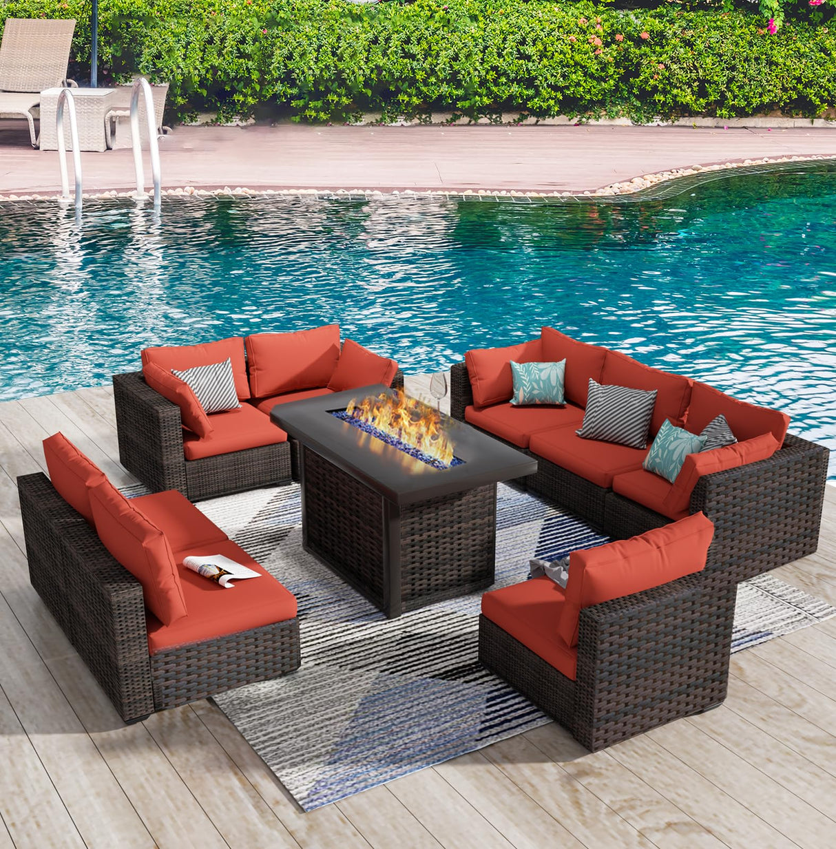 Grezone 9 Piece Patio Furniture Set with 44" Fire Pit Table, Outdoor Sectional Couch, PE Rattan Patio Conversation Sets with 4inch Cushions for Backyard Red Grezone