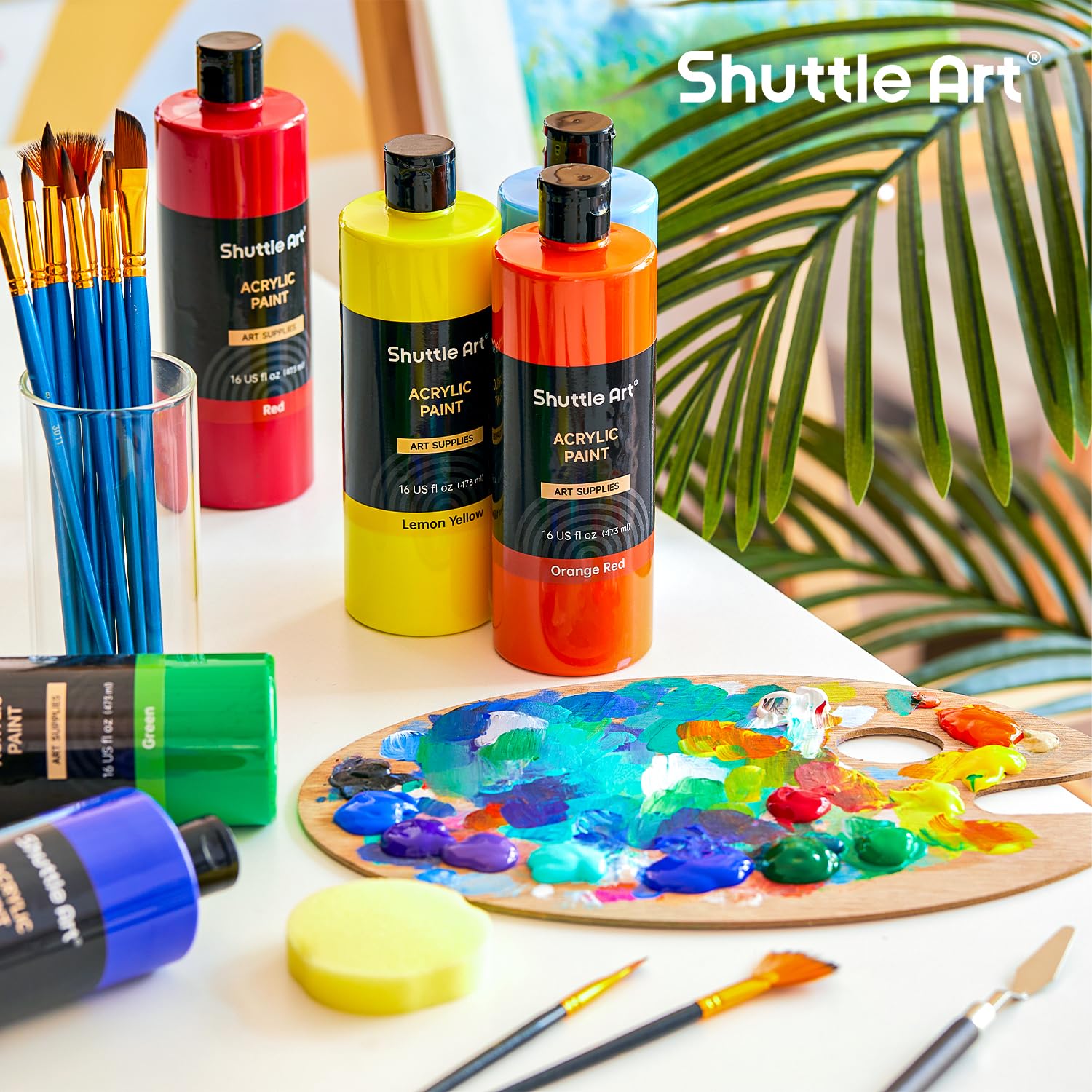 Shuttle Art Acrylic Paint, 15 Colors Acrylic Paint Large Bottle Set, 473ml/16oz Each, Rich Pigments, High Viscosity, Bulk Paint for Artists, Beginners and Kids on Rocks Crafts Canvas Wood Cer - WoodArtSupply