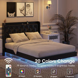 Full Size Floating Bed Frame with LED Lights, Upholstered PU Leather Platform Bed with Charging Station & Button Tufted Headboard Storage, No Box Spring Needed, Black Halitaa