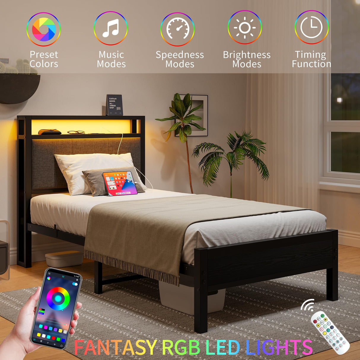 VECOCHO Twin Bed Frame with Charging Station and LED Lights,Upholstered Headboard with Storage Shelves,Heavy Duty Metal Slats, No Box Spring Needed,Noise Free, Easy Assembly,Black and Dark Grey VECOCHO