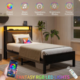 VECOCHO Twin Bed Frame with Charging Station and LED Lights,Upholstered Headboard with Storage Shelves,Heavy Duty Metal Slats, No Box Spring Needed,Noise Free, Easy Assembly,Black and Dark Grey VECOCHO