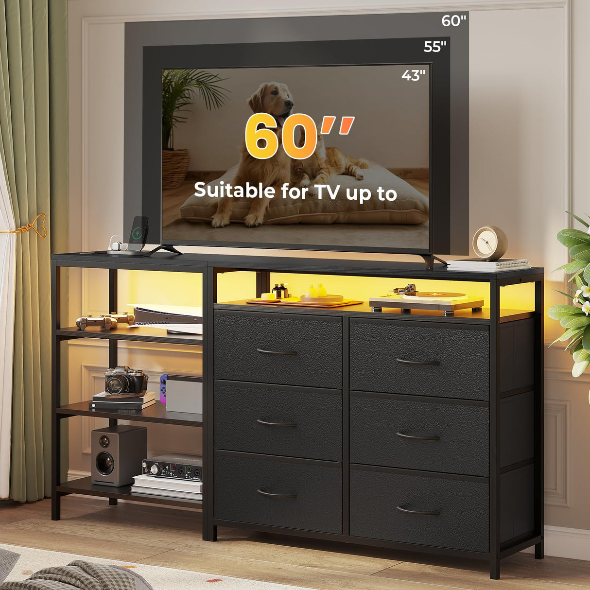 HAUOMS TV Stand for 60 Inch TV,Entertainment Center with Power Outlets and LED Lights,L Shaped Convertible Dresser with Open Shelf, 6 Drawers with PU Finish, for Living Room,Black HAUOMS