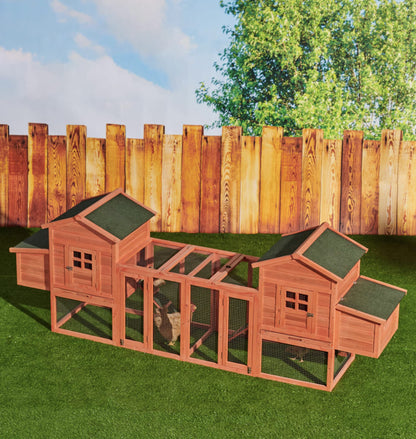 123.6" Chicken Coop Hen House with Nesting Boxes Wooden Small Animal Cage for Chicks Outdoor Rabbit Hutch Bunny Cage with 2 Run Play Area, Ramps, Waterproof Roof & Pull Out Tray Auburn