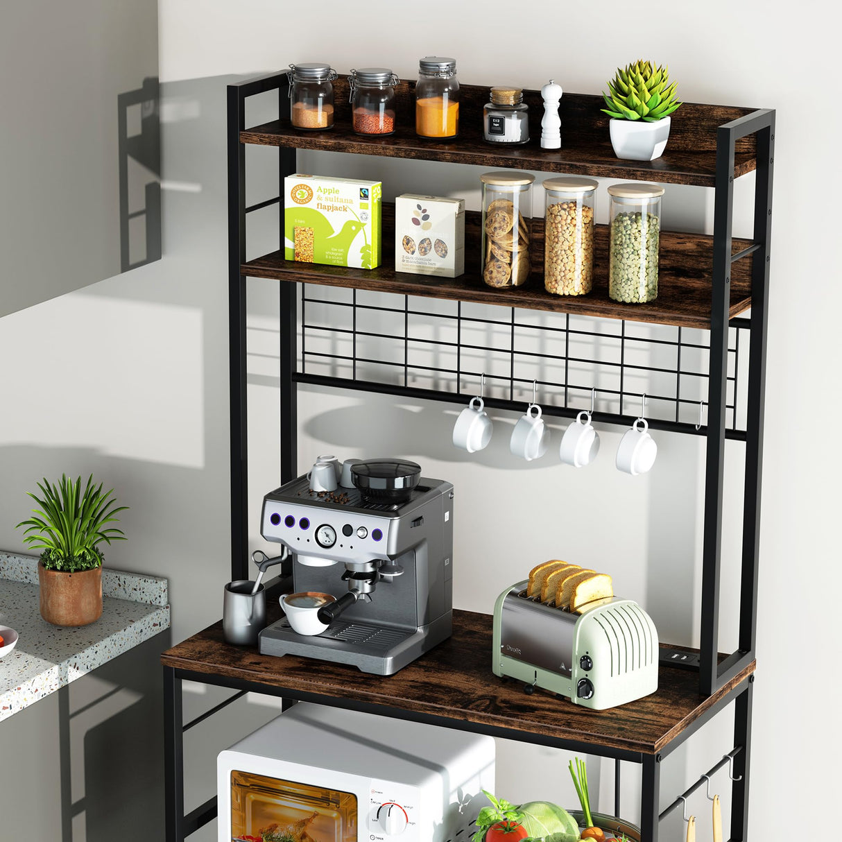 Shintenchi Bakers Rack with Power Outlet, Large Storage Space, 10 Hooks Coffee Bar with Metal Wire Panel, High Microwave Stand, Classic Kitchen Storage Shelf Design, Vintage Brown Shintenchi