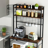 Shintenchi Bakers Rack with Power Outlet, Large Storage Space, 10 Hooks Coffee Bar with Metal Wire Panel, High Microwave Stand, Classic Kitchen Storage Shelf Design, Vintage Brown Shintenchi