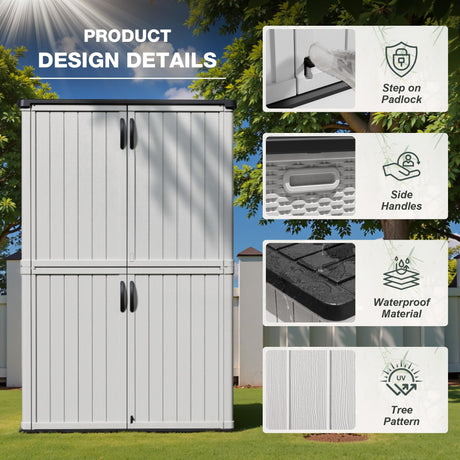 Greesum Outdoor Storage Cabinet Without Shelves, 45 cu.ft Outdoor Waterproof Storage Shed for Garden Tools, Pool Storage, Garbage Cans, White Greesum