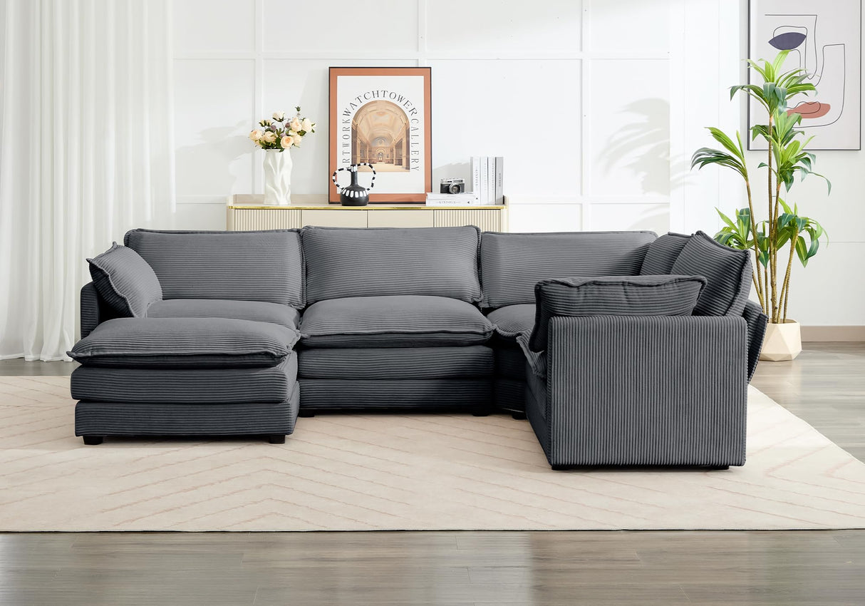 ROWHY 113'' Modular Sectional Cloud Couch, 5 Seater Corner Sofa Big Comfy Corduroy Oversized L Shaped Couch with 2 Pillows, Ottoman, Deep Seat Sectional Couches for Living Room Office, Dark Grey ROWHY