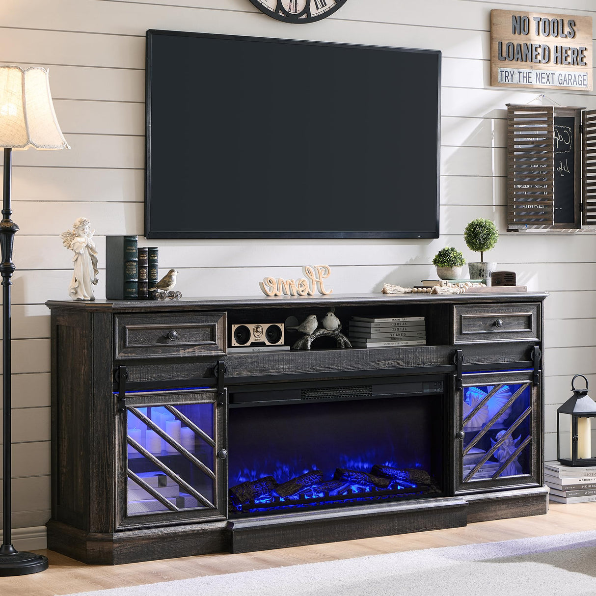 OKD 75” Fireplace TV Stand for 85 Inch TV, Farmhouse Highboy Entertainment Center with 36” Electric Fireplace, Modern Media Console Table with Drawers Storage&Cabinets for Living Room, Dark Rustic Oak OKD