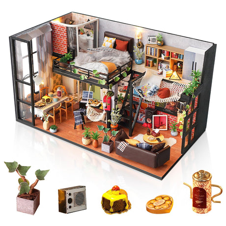 Foyucool DIY Miniature House Kit, Dollhouse Kit with Light, Mini House Building Kit for for Adult to Building, Christmas/Home Decorations/Gifts for Family and Friends, Loft Foyucool