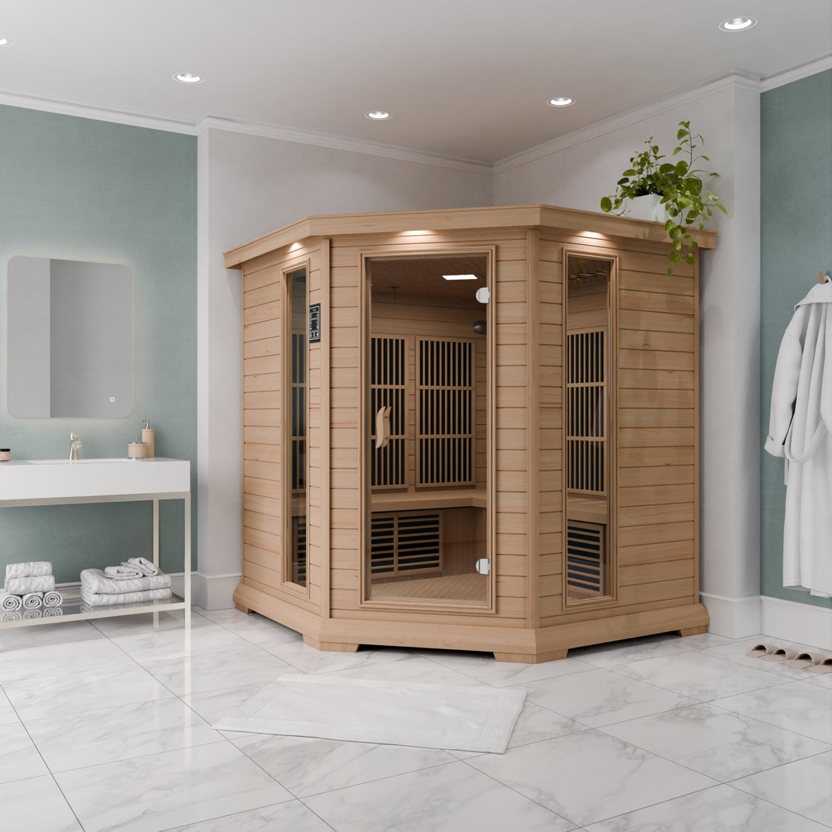 SteamSpa 1-5 Person Low EMF Carbon FAR Infrared Hemlock Wood and Tempered Glass Indoor Home Sauna Room with LED Touch Control Panel, Color LED Therapy Light, Bluetooth Speaker, Oxygen SteamSpa