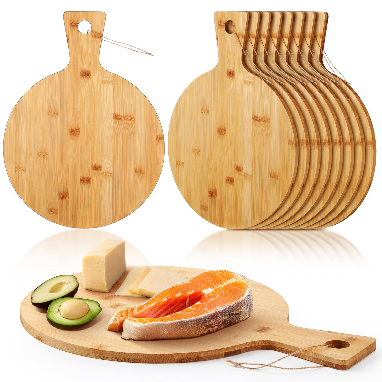Kigley 10 Pcs Bamboo Cutting Board with Handle 12 Inch Bamboo Wooden Round Cutting Board Pizza Board Kitchen Chopping Boards for Home Baking Pizza Bread Cake Cheese Fruits Vegetables Charcuterie Kigley