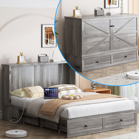 PUREMIND Queen Murphy Bed Cabinet with Mattress Included, Bedroom Cabinet Beds with USB Charging Station, Murphy Chest Bed with Storage Drawers, Horizontal Wallbed for Guest Room Grey PUREMIND