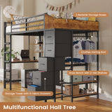 VIAGDO Loft Bed Twin Size with Hall Tree, Charging Station and LED Lights, Metal Loft Bed with L-Shaped Desk, 5 Storage Drawers, Heavy Duty Twin Size Bed with Stairs, No Box Spring Needed, Black VIAGDO