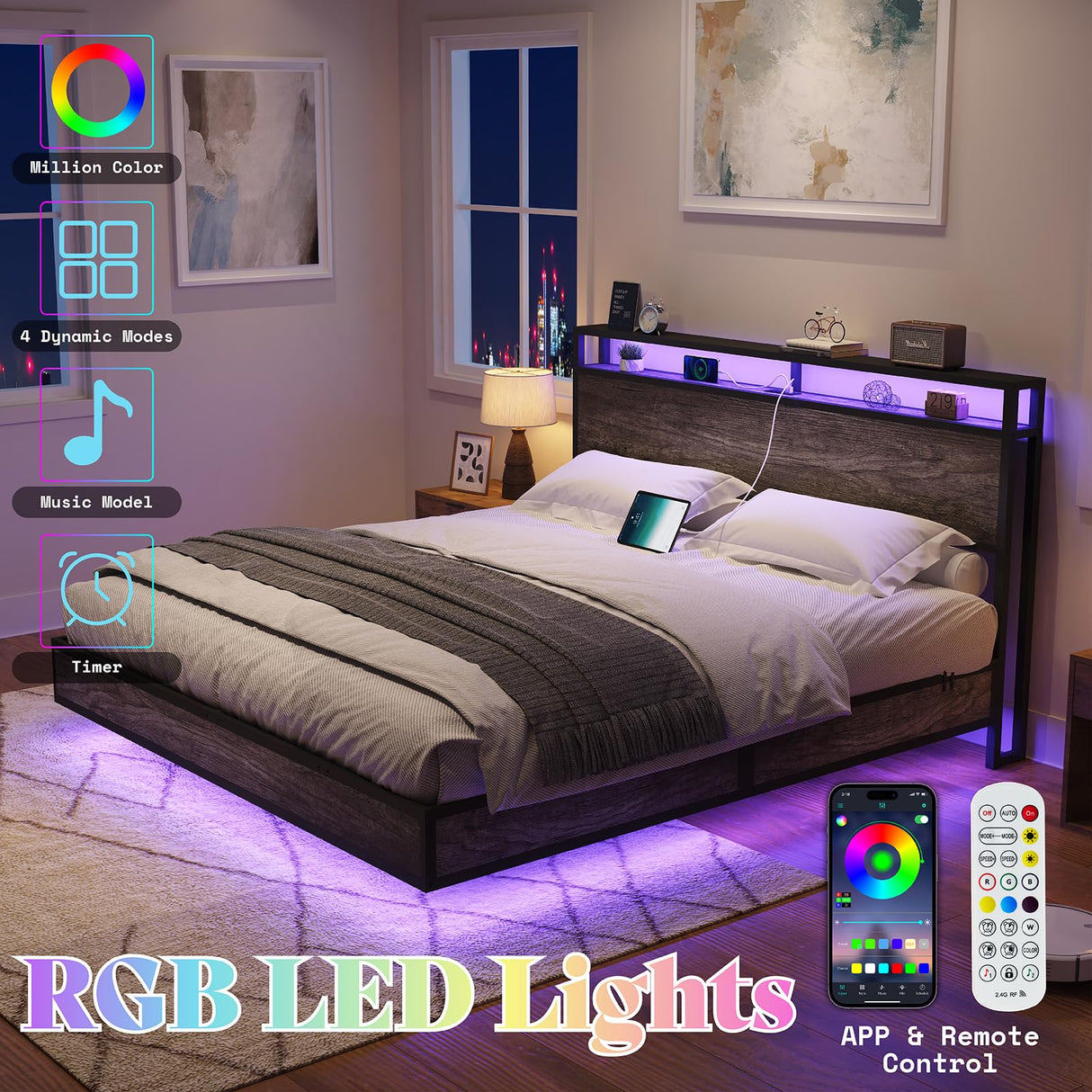 AMERLIFE King Size Industrial Floating Bed Frame with LED Lights and Charging Station AMERLIFE