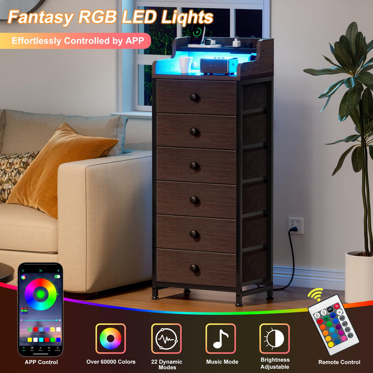 REAHOME Dresser for Bedroom with Charging Station and LED Lights, 6 Drawers Dresser Brown Chest of Drawers with Shelves, Tall Night Stand with Sturdy Steel Frame & Wood Top for Bedroom - Dark Brown REAHOME