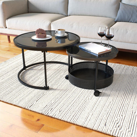 Belord Versatile Nesting Round Coffee Tables Set of 2 for Living Room Tempered Glass Black Metal Stacking Nesting Table with Casters and Storage Belord