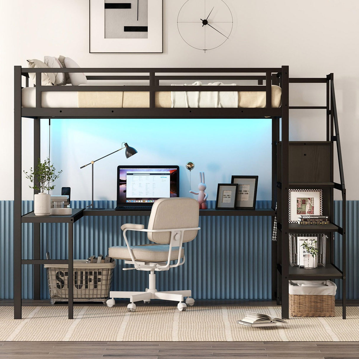 Metal Full Size Loft Bed with Desk and Stairs,Heavy Duty Loft Bed Frame with Wardrobe,LED Loft Bed Full Size with Charging Station for Kids,Teens,Adults,Black Bellemave
